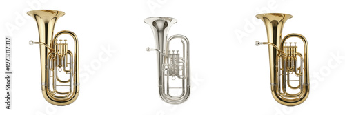 Set of Professional Tuba and Euphonium Brass Musical Instruments Isolated on White