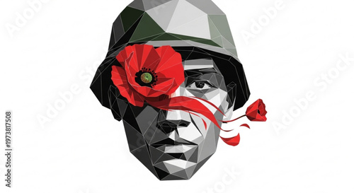 A geometric illustration of a soldier's face with a red poppy covering one eye, symbolizing remembrance and sacrifice.