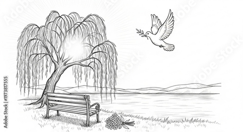 A serene vector illustration of a dove flying over a weeping willow tree beside a tranquil lake with a wooden bench and a bouquet of flowers.