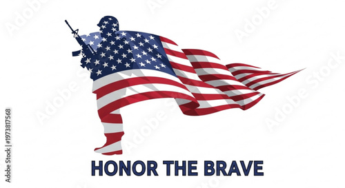 A patriotic vector graphic illustration of a soldier with an American flag design, symbolizing honor and bravery.