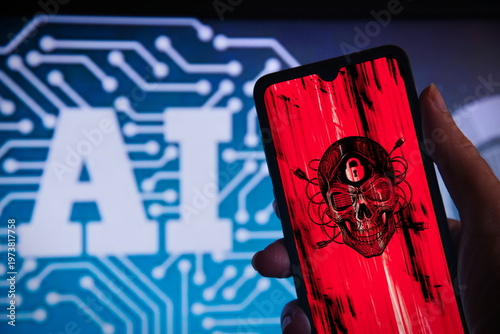 Smartphone with a skull symbolizing data hacking with an AI symbol with integrated circuits in the background. Online fraud and cybersecurity threat. Darkweb, darknet, and hacking concept.
