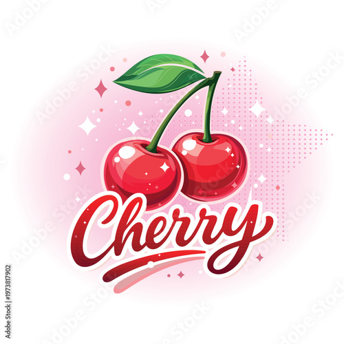 Glossy cherry fruit illustration, perfect for t-shirt design, stickers, packaging and branding. Cute red cherries with vibrant colors and decorative elements in a trendy style.