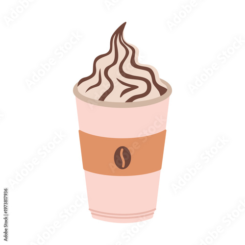 Takeaway coffee cup with whipped cream topping. Sweet hot drink in paper cup. Trendy modern vector illustration isolated on white background, hand drawn, flat design