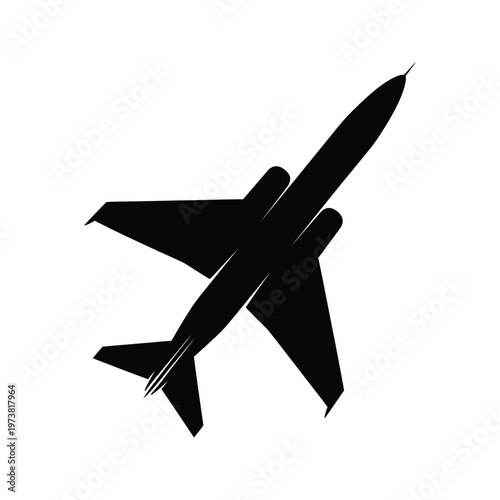 A sleek black silhouette of an airplane soaring through the clear sky in a dynamic flight pose