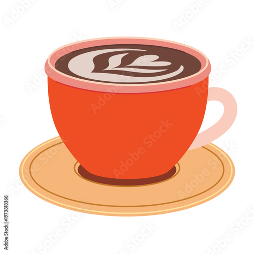 Cup of coffee with latte art served on saucer. Cafe drink presentation. Trendy modern vector illustration isolated on white background, hand drawn, flat design