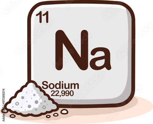 Minimal flat vector illustration of sodium chemical element from the periodic table with symbol Na and atomic number 11. Clean modern design with salt concept, isolated on white background. 