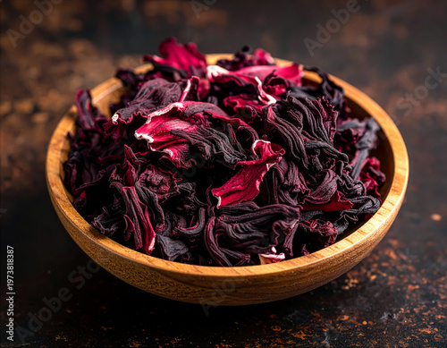 Suszone płatki kwiaty hibiskusa w misce