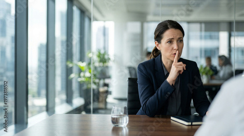 Professional making a silence gesture in a modern office