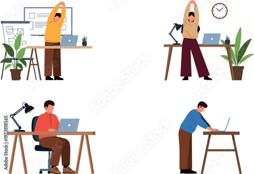 Office Worker Daily Routine Illustration Set with People Stretching Working on Laptop and Standing Desk Healthy Workplace Lifestyle Collection
