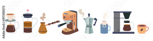 Set of brewing methods items like pour over, french press, moka pot, espresso machine and more. Different preparation techniques for specialty coffee and barista education. Vector illustration, flat