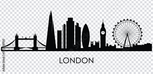 Vector illustration black silhouette of london city skyline with famous landmarks