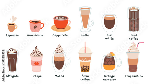 Set of coffee drinks like espresso, cappuccino, latte and more. Popular beverages ideal for cafe menu, drink selection concept. Trendy modern vector illustration, hand drawn, flat design