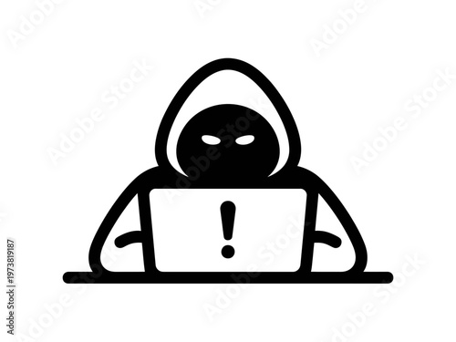 Black silhouette of a hooded hacker with a laptop and exclamation mark