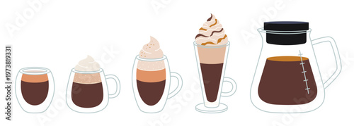 Set of various coffee drinks and drinkware. Hot beverages in Double walled glass mugs. Trendy modern vector illustration isolated on white background, hand drawn, flat design