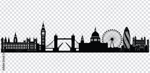 Vector illustration black silhouette of london city skyline with famous landmarks
