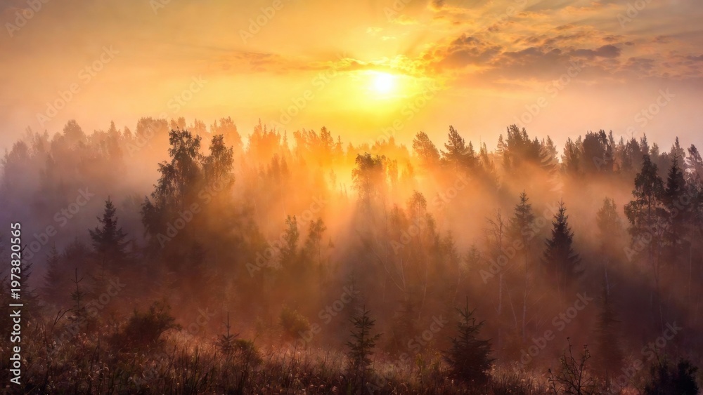 Obraz premium Dense woodland illuminated by sunbeams through morning haze