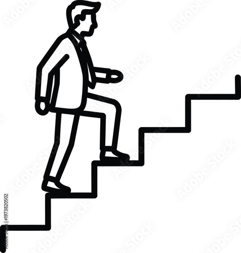 A simple black line drawing of a businessman climbing a set of stairs to represent career growth.