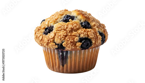 A blueberry muffin with a crumbly topping on transparent background PNG