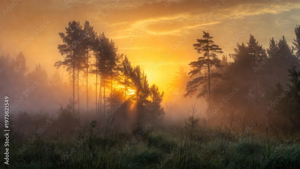 Fototapeta premium Golden sunrise illuminating misty pine forest grassland