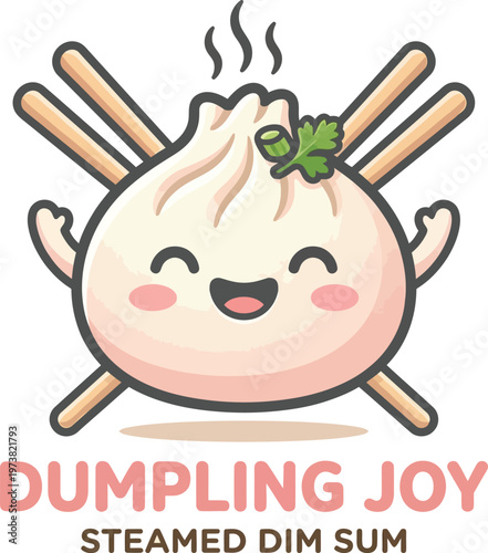 Cute dumpling character with chopsticks and parsley steamed dim sum