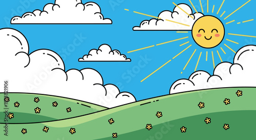 A cartoon sunny day with clouds and flowers.