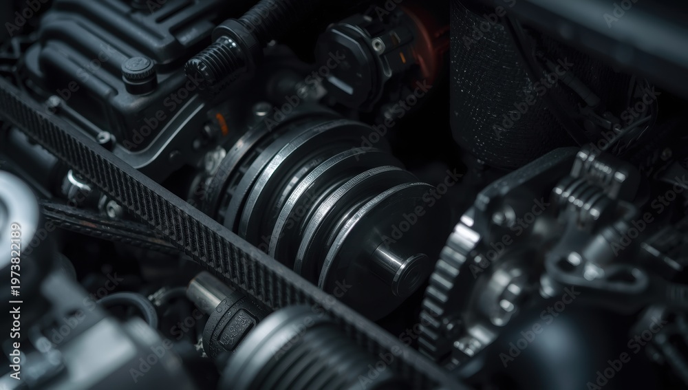 Naklejka premium Detailed Look at a Car's Timing Belt and Pulleys Highlighting Engine Parts