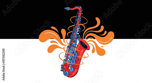 A vibrant red and blue saxophone illustration with orange abstract splashes on a black and white background.