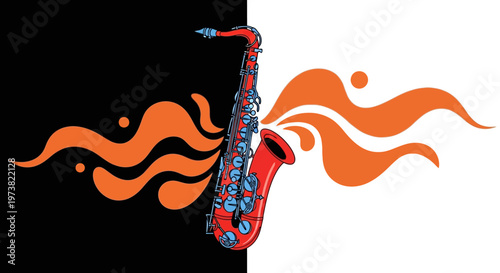 Vibrant saxophone with abstract flame design.