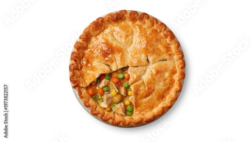 Delicious homemade chicken and vegetable pie on a white background, viewed from above.