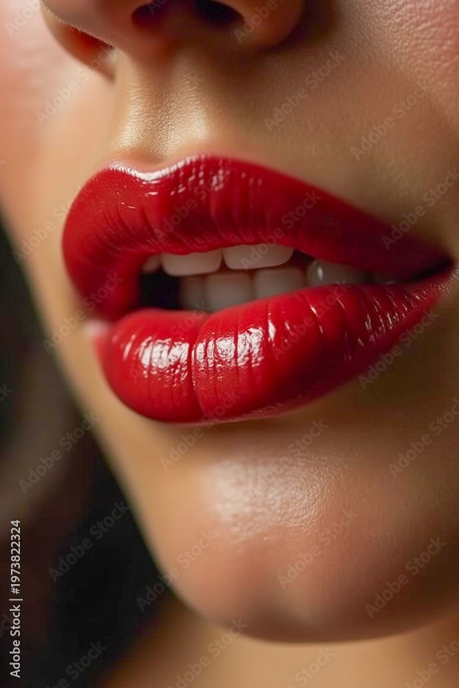Fototapeta premium Close-up of a woman's full lips with lipstick