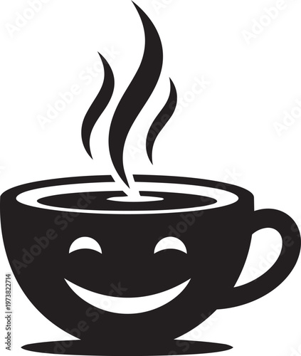 Cute smiling coffee cup logo with steam and happy face expression for cafe branding