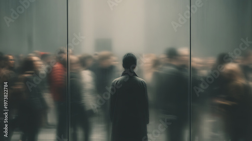 Person standing still behind glass among blurred crowd, expressing social anxiety, isolation, mental health, emotional distance, feeling invisible, and disconnection in fast paced modern society