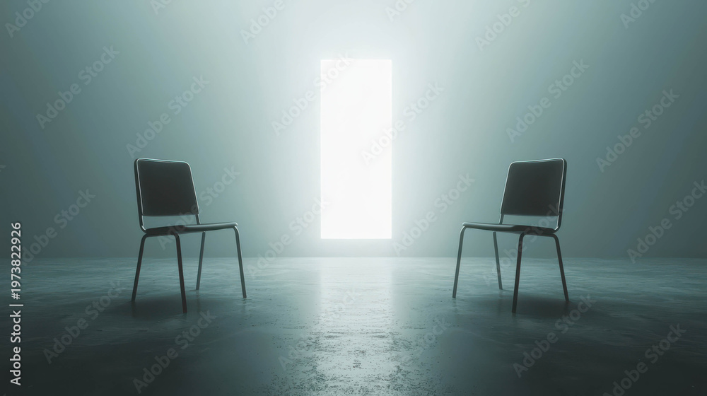 Fototapeta premium Two empty chairs facing bright doorway in minimalist room symbolizing choice and reflection