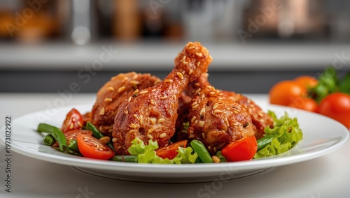 Garlic fried chicken on a white plate with vegetables.