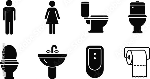 Collection of Public Restroom and Toilet Facility Icons for Hygiene and Sanitation