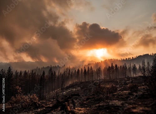 Wildfire smoke covering sun orange creating atmosphere of ecological crisis and apocalyptic twilight.