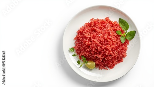 Isolated red rice on a plate against a white backdrop. Nutritious eating habits.