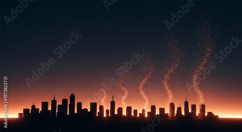 City skyline silhouette at sunset with vibrant orange glow and smoke trails rising its illustration only