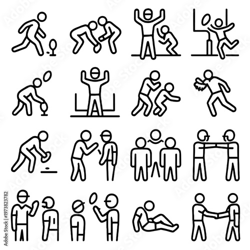 Collection of simple line art icons depicting various sports and human interactions