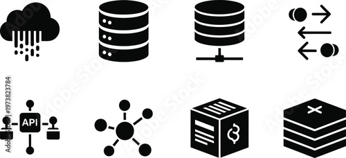 Essential Icons for Cloud Computing, Data Storage, Networking, and API Integration Systems