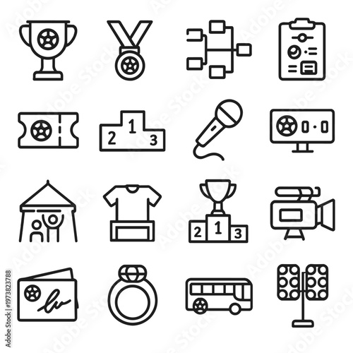 Collection of sports icons representing competition, victory, and fan engagement elements