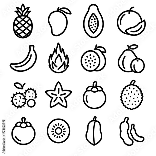 Collection of tropical fruit icons in a clean, minimalist line art style