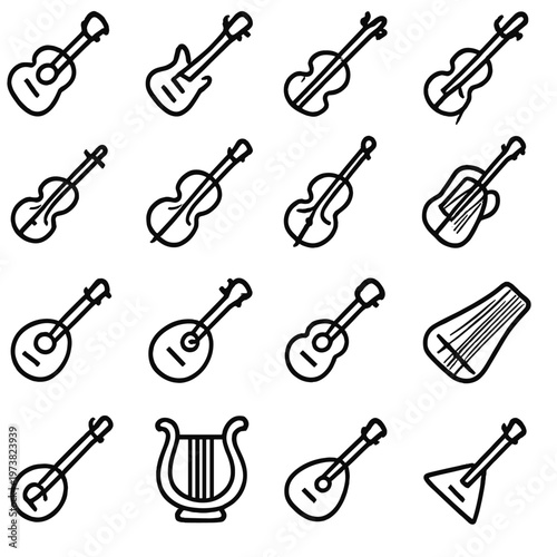 Collection of diverse stringed musical instrument icons in a simple outline style