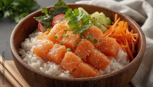 Nutritious poke bowl featuring rice, seaweed, salmon chunks, and fresh veggies.