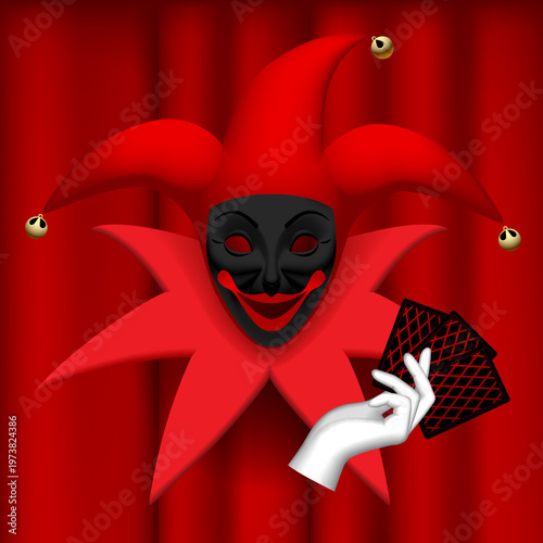 Black Joker mask in a red jester's hat, a hand in a white glove with playing cards against a red curtain background. Vector illustration in 3d style