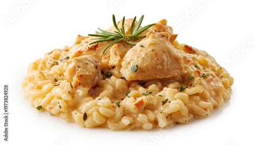 Savory risotto with chicken and rosemary on a white background.