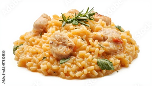 Savory rosemary chicken risotto on a white background.