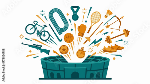 Sports equipment exploding from stadium with medal, bicycle, and dumbbells
