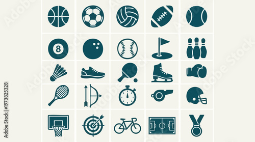 Set of various sport equipment and activity icons on a white background
