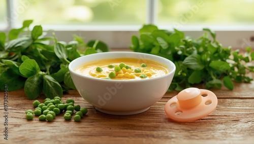 Tasty corn soup for infants and a soother.
